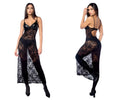 Black lace Mapale 7616 long gown with sheer panels back cutout and matching panty garter belt in black