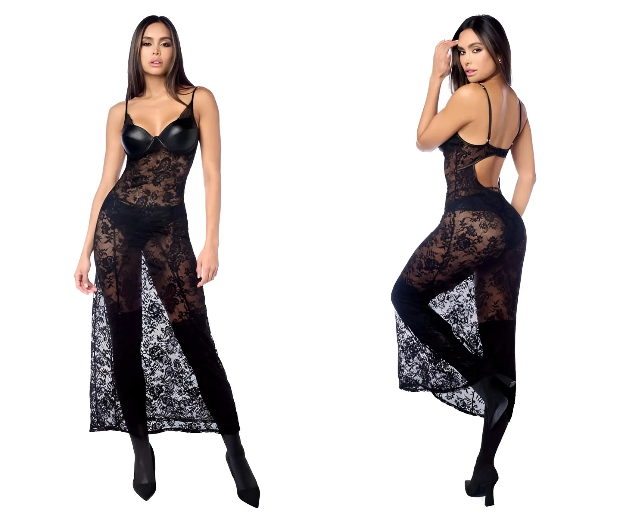 Black lace Mapale 7616 long gown with sheer panels back cutout and matching panty garter belt in black