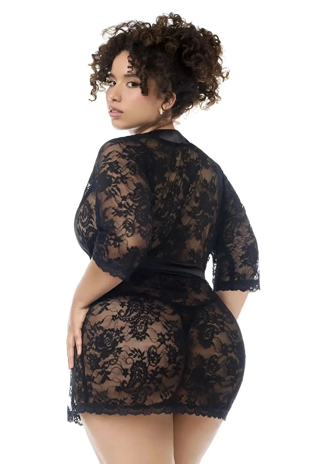 Black lace mini dress with three-quarter sleeves and fitted silhouette mapale 7618x robe with matching panty black