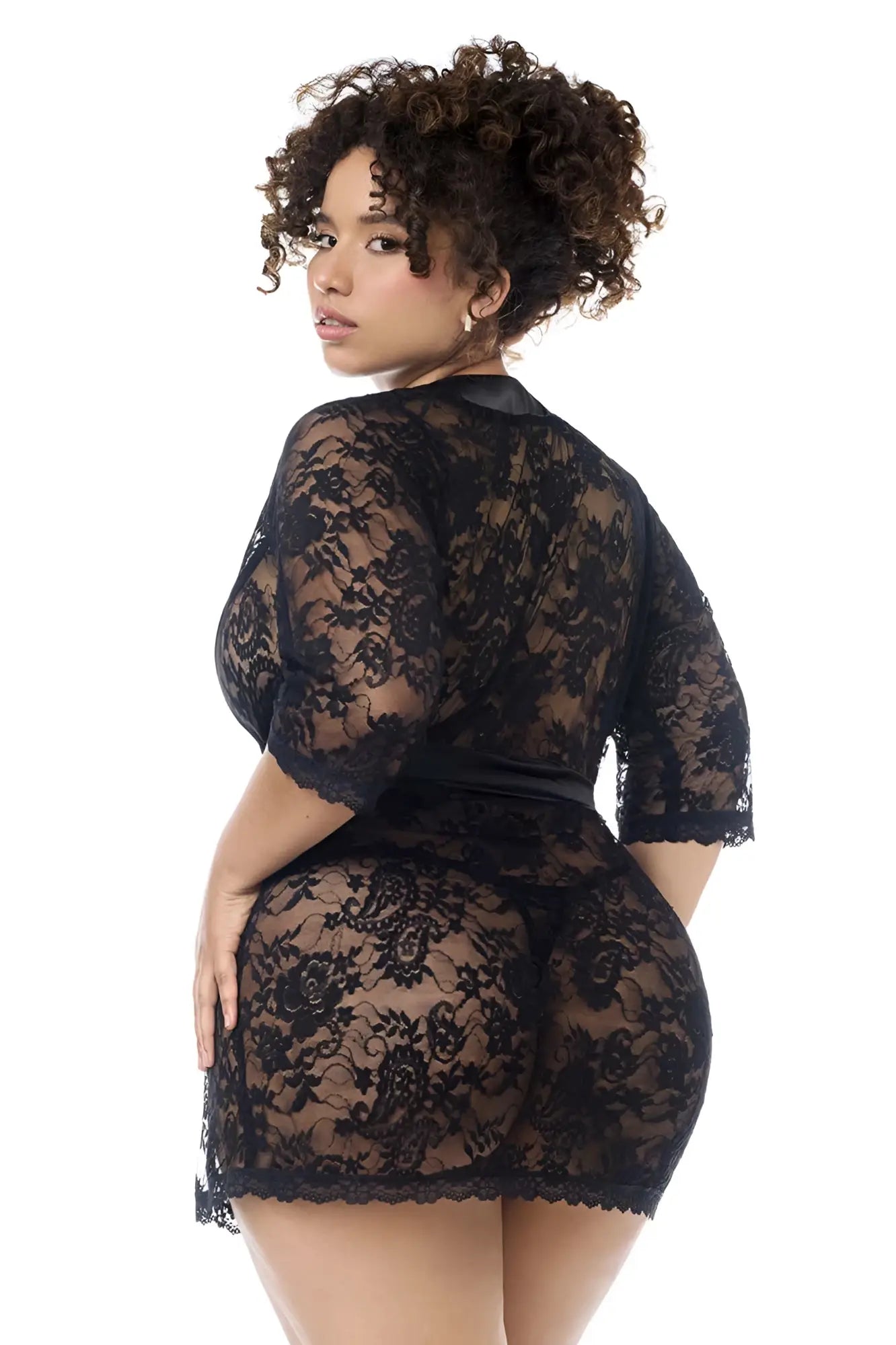 Black lace mini dress with three-quarter sleeves and fitted silhouette mapale 7618x robe with matching panty black