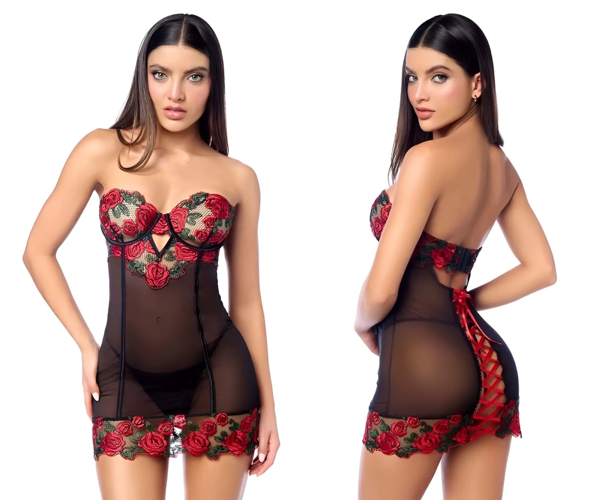 Black sheer lingerie dress with red rose lace detailing and corset-style back shown from the back view
