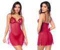 Red lace-trimmed sheer nightgown with thin straps and side ties mapale 7620 babydoll with matching panty in red