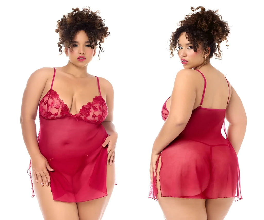 Red lace and sheer nightgown with thin straps mapale 7620x babydoll with matching panty in red