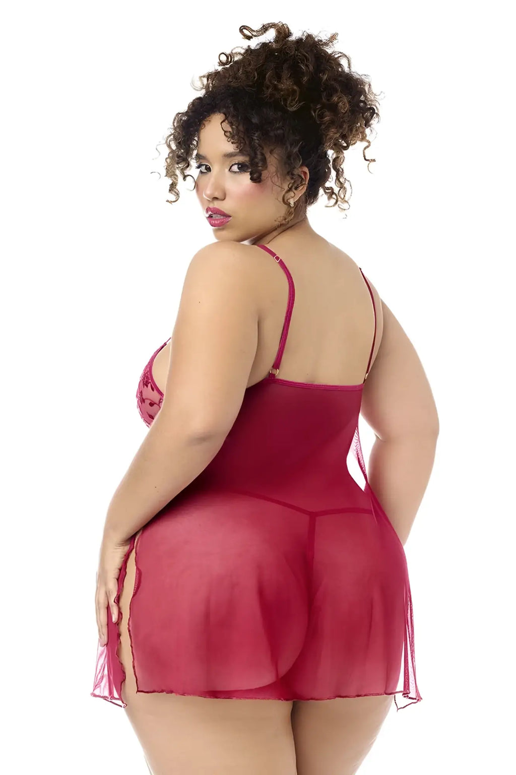 A plus-size woman wears a sheer deep red mapale 7620X babydoll with lace bodice and matching panty