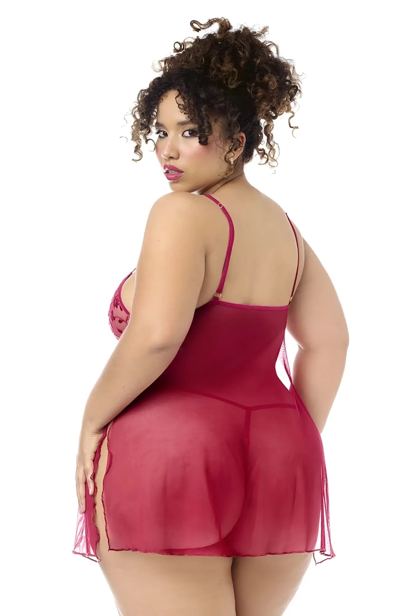A plus-size woman wears a sheer deep red mapale 7620X babydoll with lace bodice and matching panty