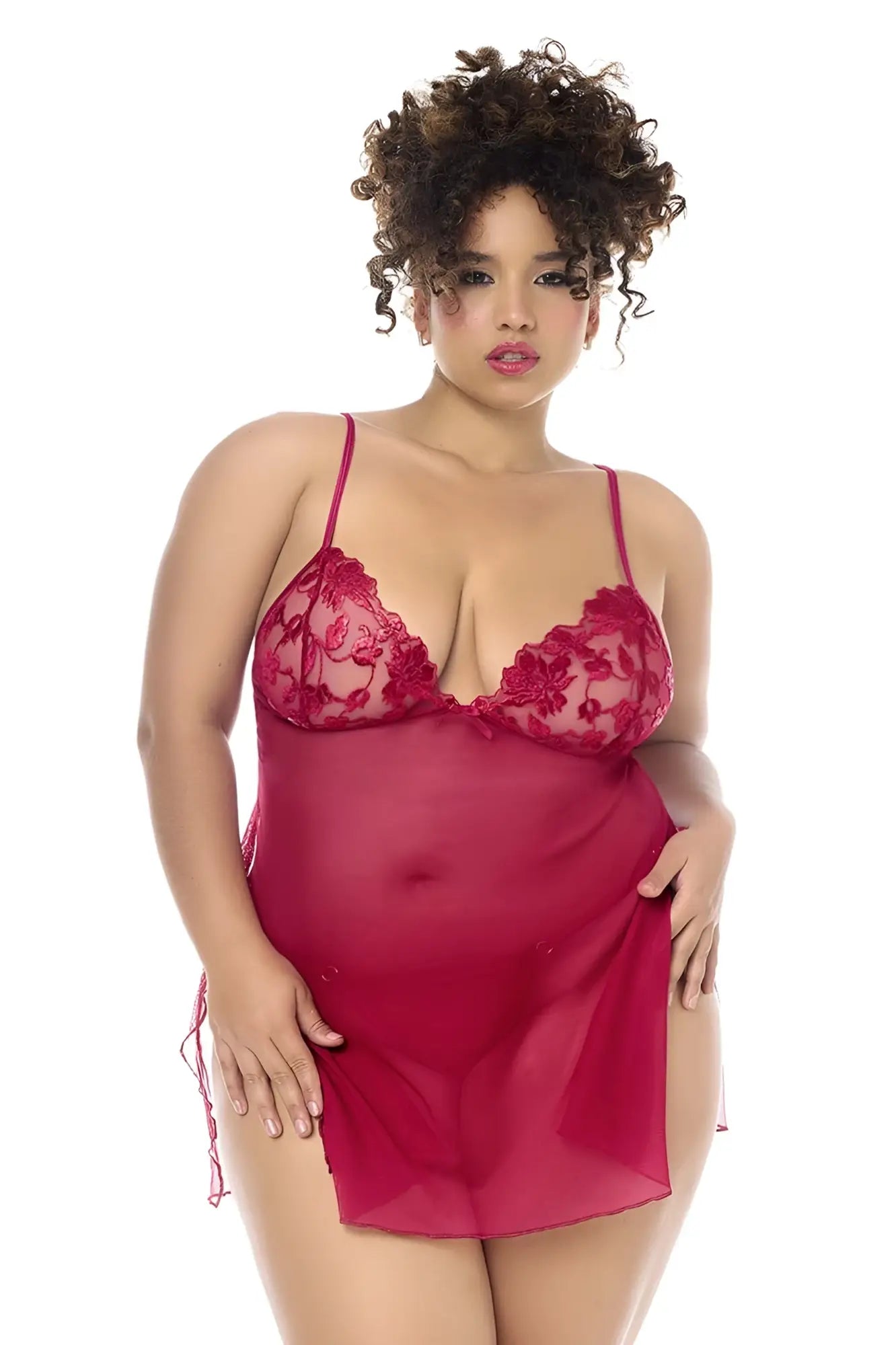 Mapale 7620x red sheer lace trimmed babydoll nightgown with thin straps and side ties with matching panty