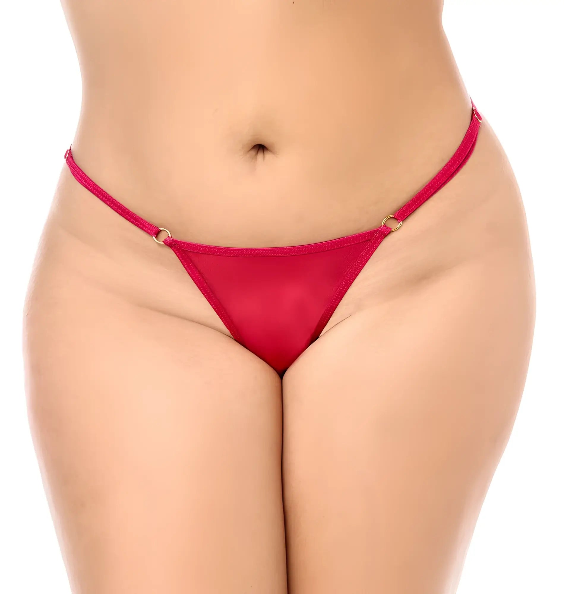 Red vibrant satin thong with thin adjustable straps and gold metal rings from Mapale 7620X babydoll set
