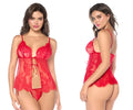 Mapale 7621 red lace babydoll lingerie set with delicate floral patterns and front tie detail with matching panty