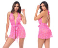 Mapale 7622 babydoll pink lace halter dress with deep v-neckline backless design and satin ribbon belt with matching panty