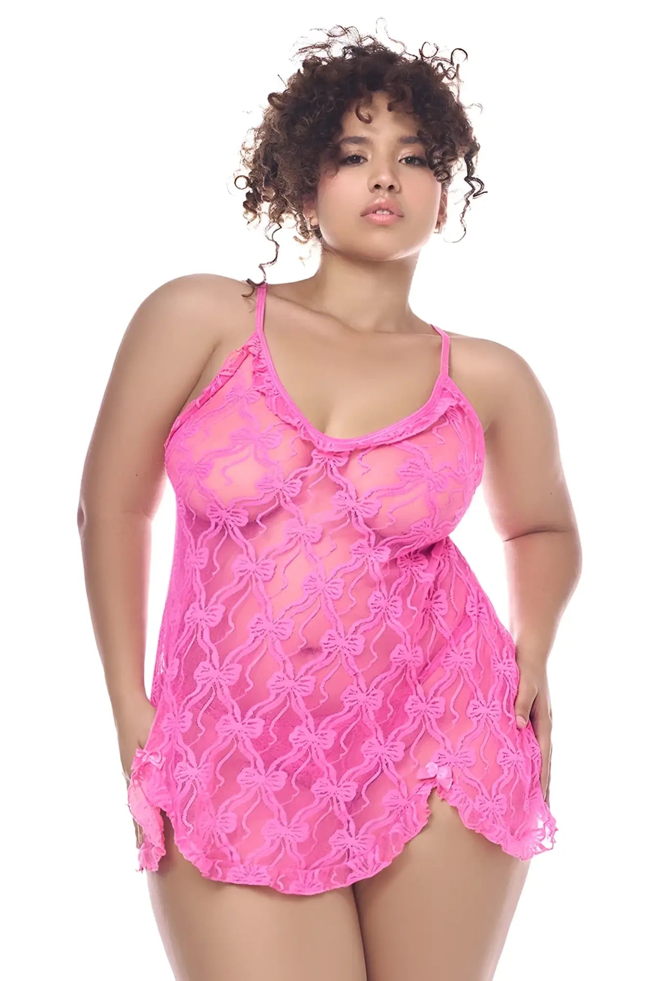 Pink lace camisole babydoll with sheer butterfly pattern and matching panty by mapale in pink