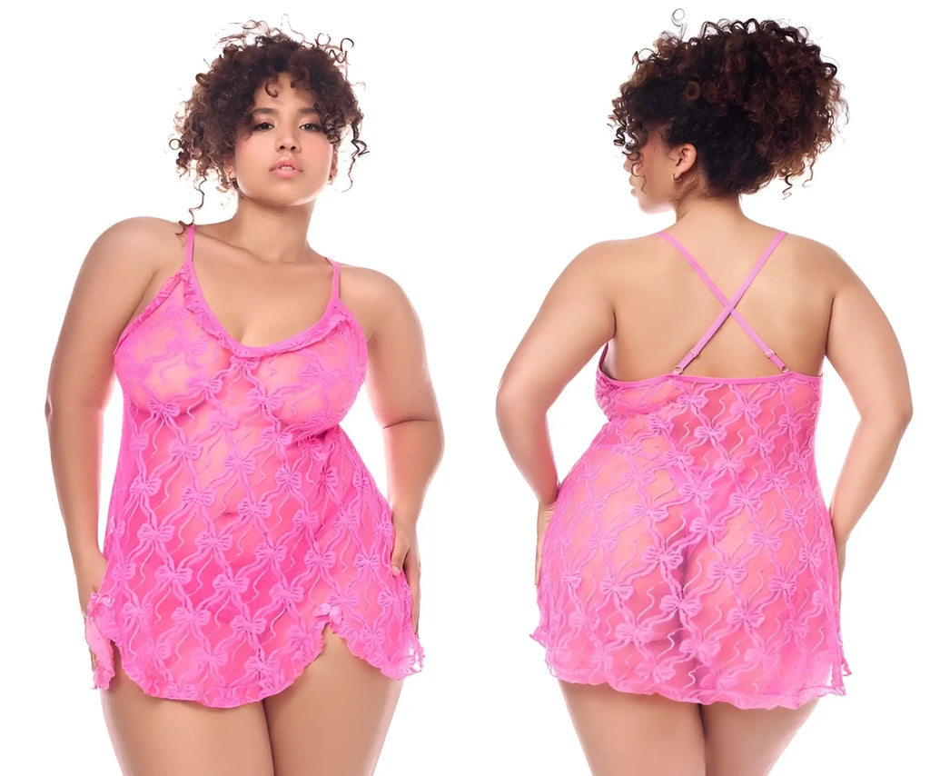 Pink lace nightgown with bow pattern and thin spaghetti straps from mapale 7623X babydoll with matching panty