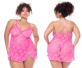 Pink lace nightgown with bow pattern and thin spaghetti straps from mapale 7623X babydoll with matching panty