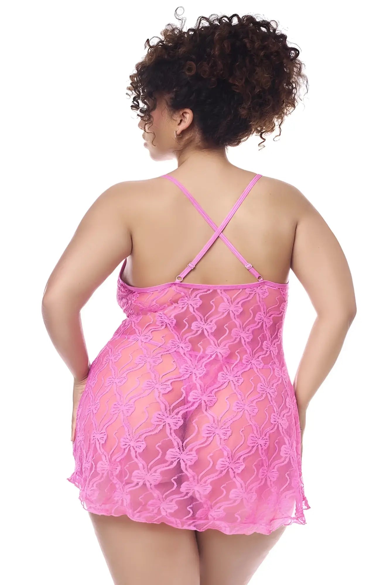 Pink lace nightgown with crisscross back strap design from mapale 7623x babydoll with matching panty in pink
