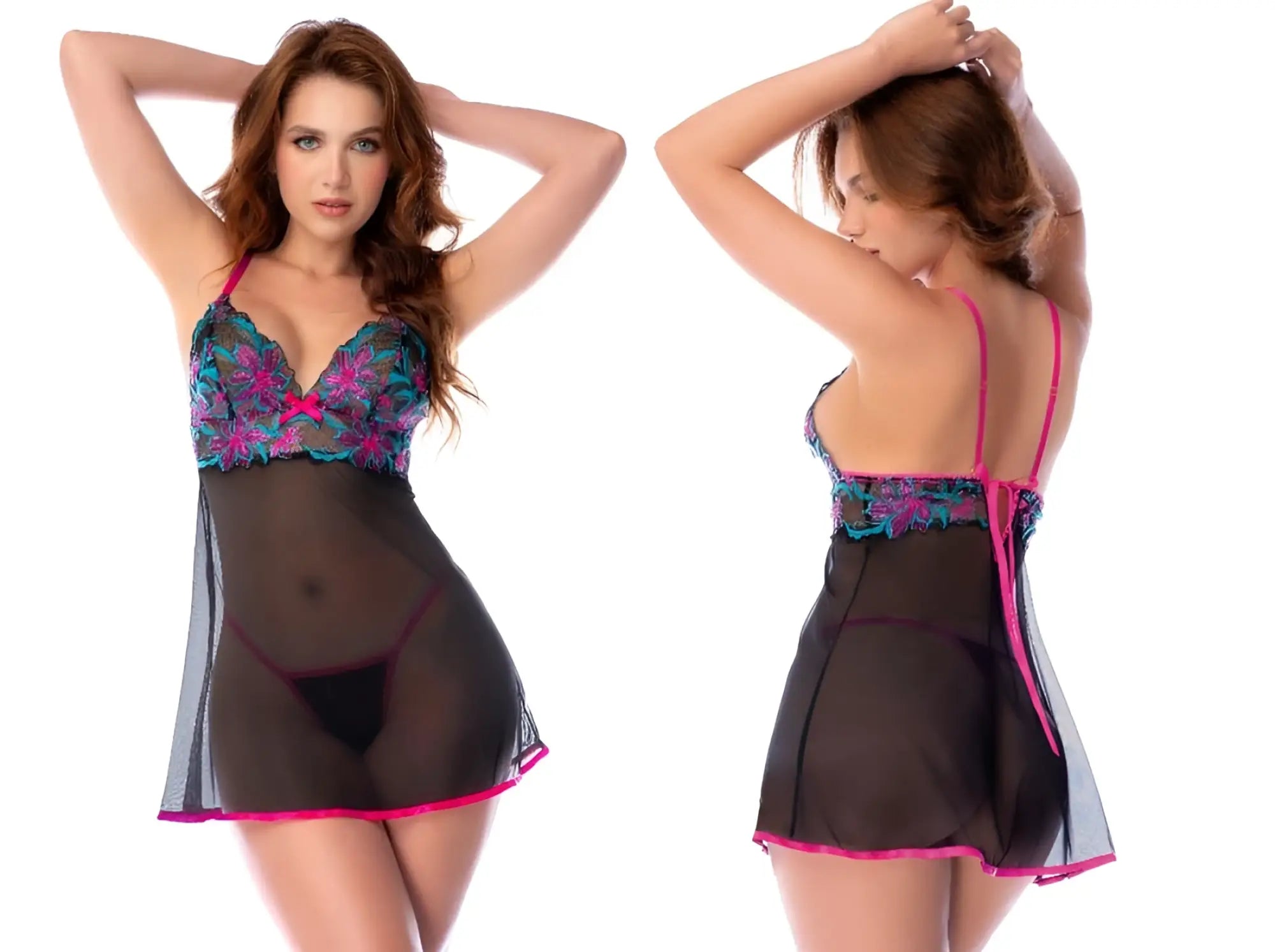 Mapale 7629 babydoll and matching panty in sheer black with vibrant pink trim and teal magenta floral lace bodice