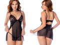 Black lace and sheer nightgown with leopard print bodice featuring Mapale 7632 babydoll and matching thong in leopard black