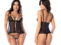 Black sheer lace bodysuit with mesh panels and tied front detail by mapale in black nude color with matching thong