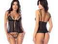 Black sheer lace bodysuit with mesh panels and tied front detail by mapale in black nude color with matching thong