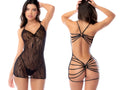 Black sheer lace Mapale 7635 babydoll back view with intricate wave-pattern mesh and strappy backless design