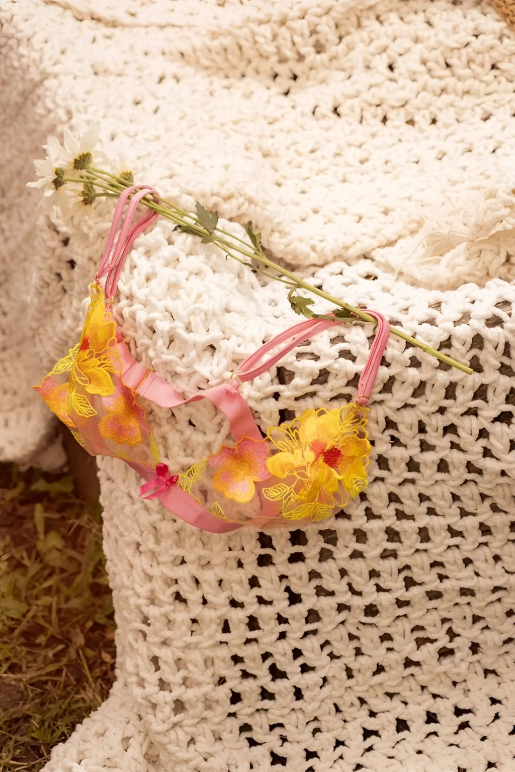 A delicate pink and yellow floral lace bra with sheer mesh panels from mapale 80001 two piece set solar blossom