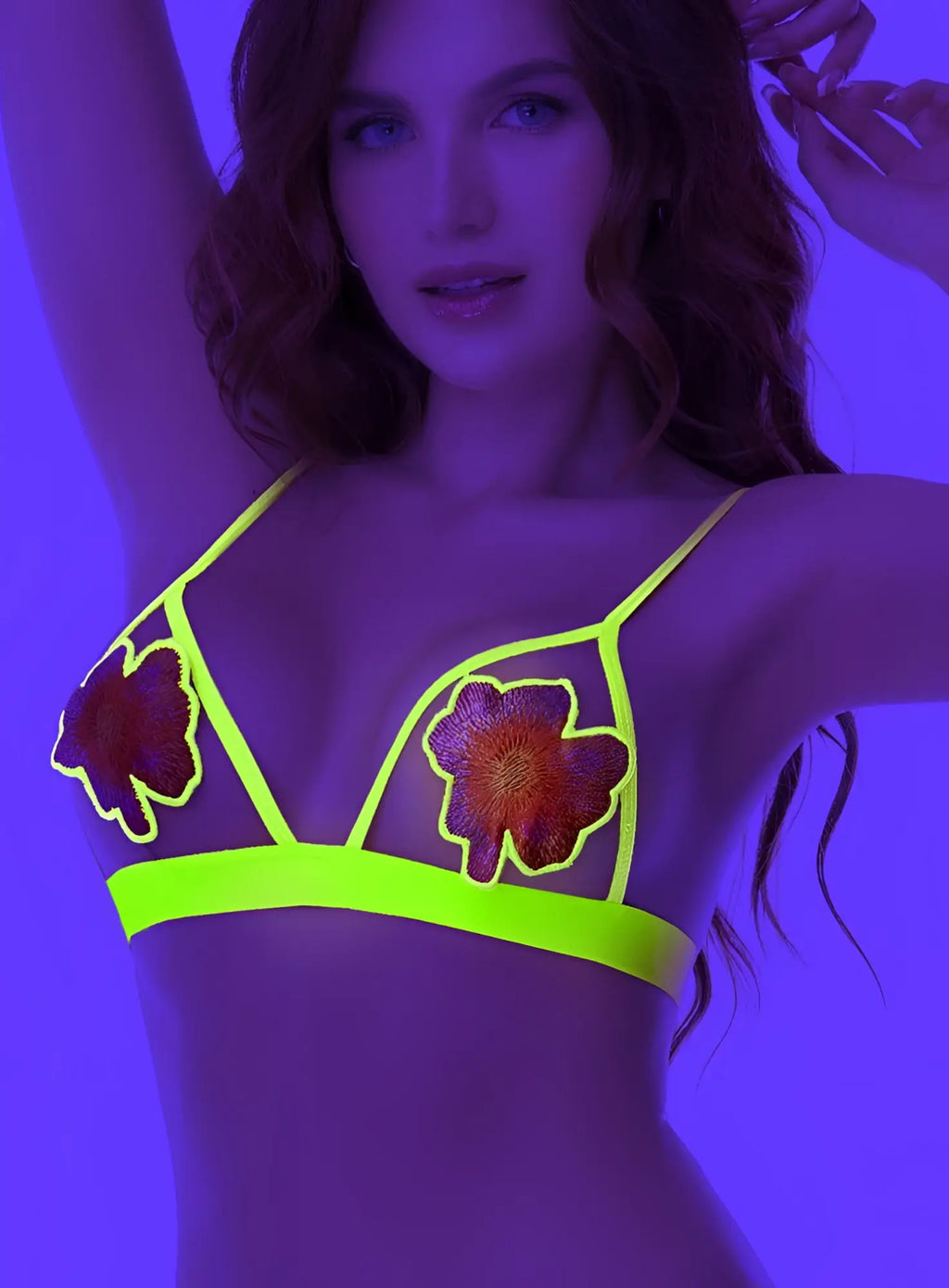 Neon yellow lace bra with embroidered floral patches from mapale 80003 two piece set solar blossom