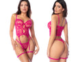 Fuchsia lace Mapale 80009 two piece set with bodysuit garter belt and thigh-high stockings in cherry veil color
