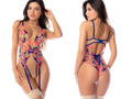 Mapale 80011 bodysuit in hyacinth reverie sheer fabric with vibrant pink and blue floral embroidery and lace trim