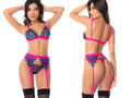 Mapale 80012 three piece set in vibrant pink and teal lace with bold intricate floral patterns in midnight garden color