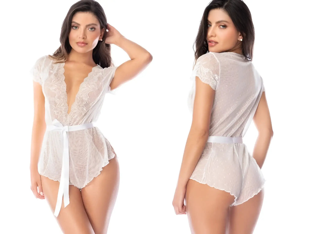 White lace Mapale 80017 romper with short sleeves and a tied waist belt in white color