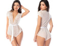 White lace Mapale 80017 romper with short sleeves and a tied waist belt in white color
