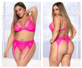 Bright pink lace lingerie set with heart-shaped cutouts and matching garter straps by Mapale 8221X