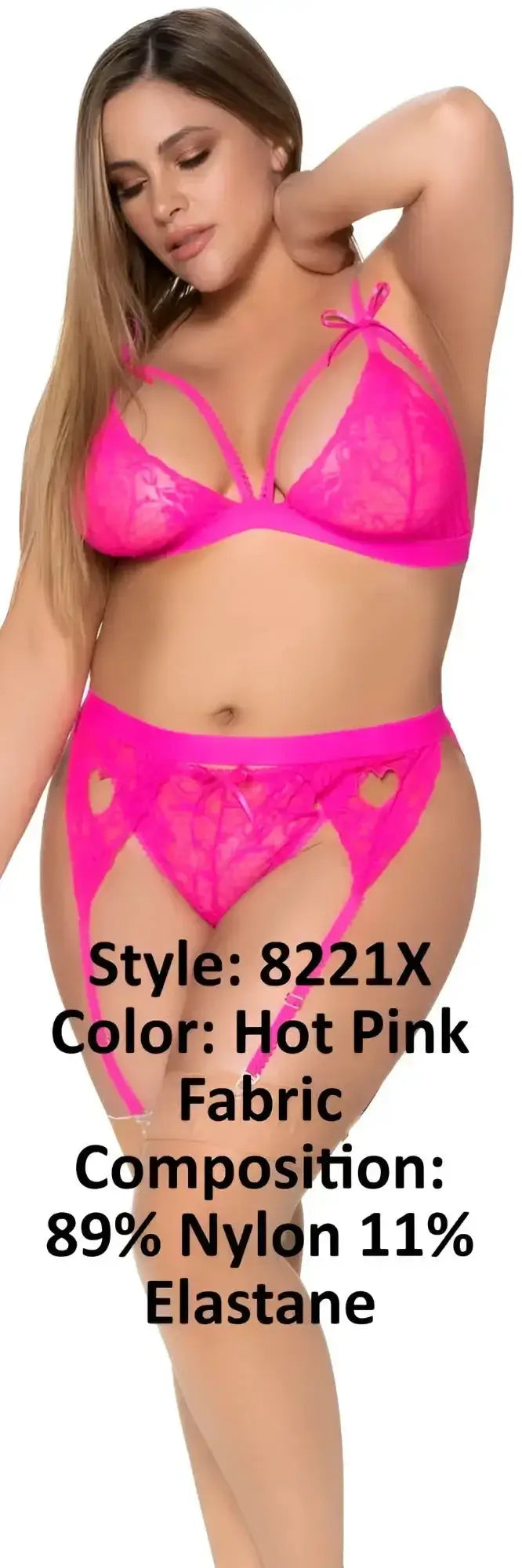 Mapale 8221X three piece garter set in hot pink hot pink lace with heart cutouts and sheer delicate design