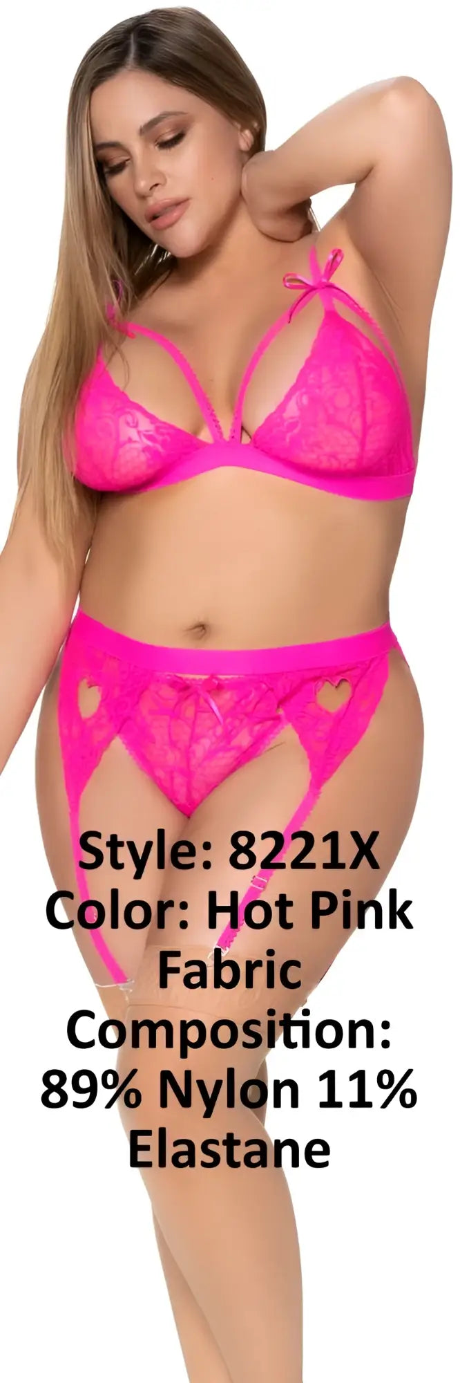 Mapale 8221X three piece garter set in hot pink hot pink lace with heart cutouts and sheer delicate design