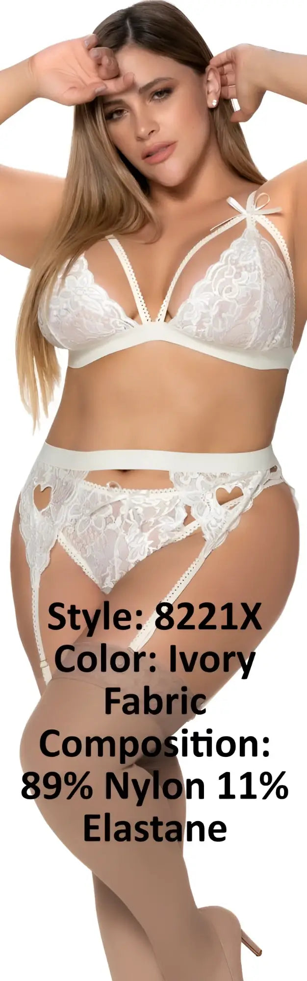 Ivory lace Mapale 8221X three piece garter set featuring delicate heart cutouts and bra with adjustable straps