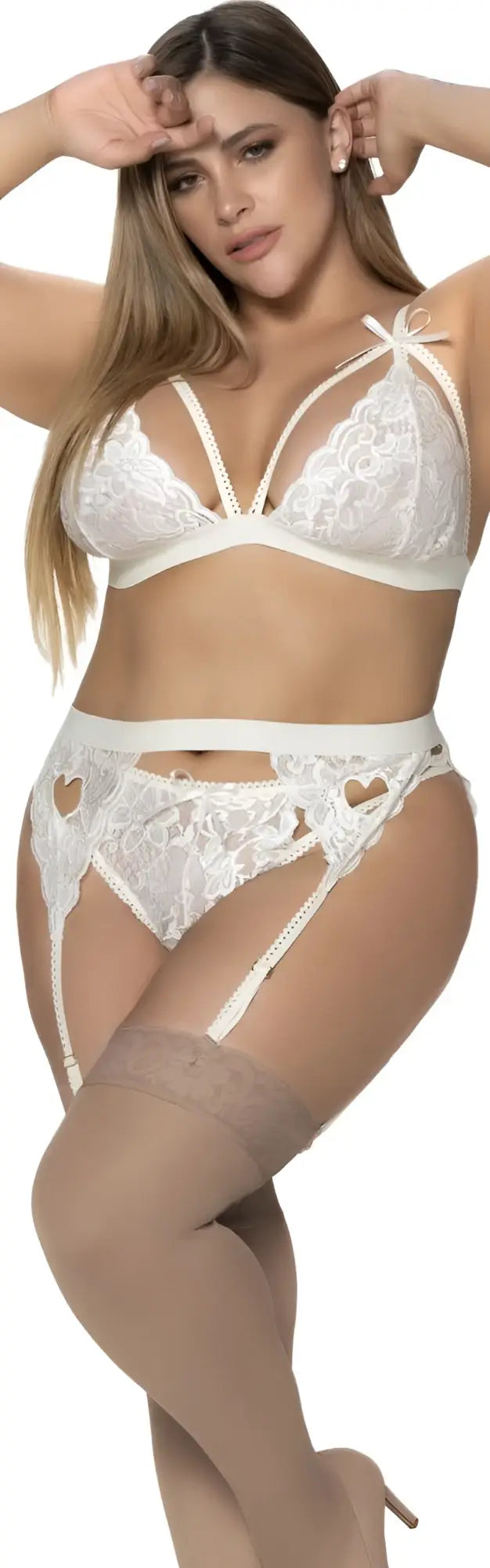 Mapale 8221x ivory white lace three piece garter set with heart cutouts and sheer stockings