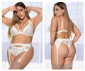 White lace ivory lingerie three piece garter set with heart cutouts and adjustable straps by Mapale 8221X