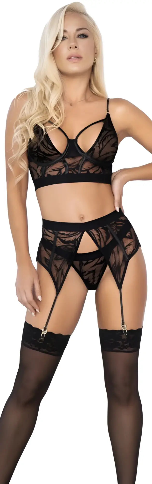 Black lace lingerie three piece set by Mapale featuring intricate patterns and garter straps in color black