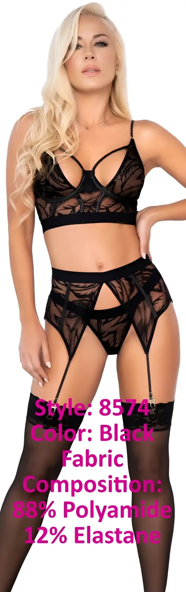 Black lace lingerie set mapale 8574 featuring intricate cutout patterns and sheer stretchy fabric in black