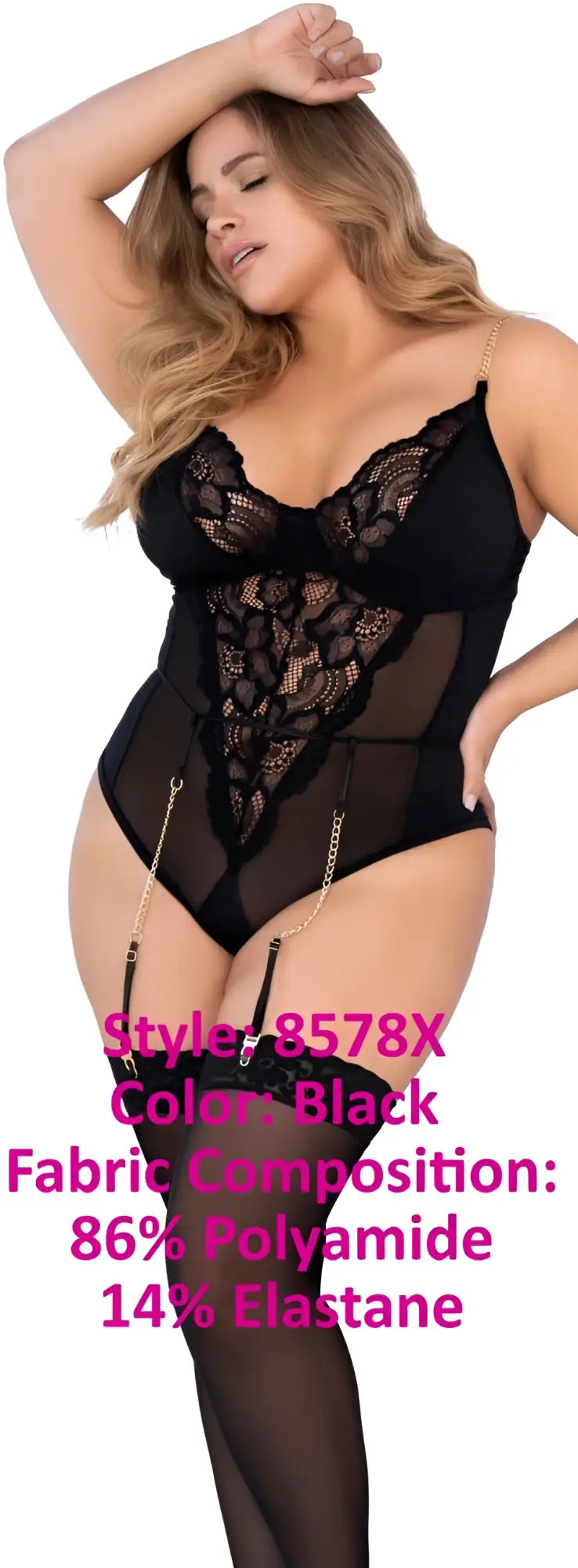 Black lace bodysuit with sheer mesh panels and gold chain straps by mapale 8578x teddy color black