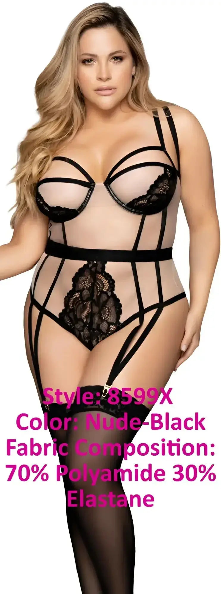 Nude-black lace teddy with black strappy detailing and central floral lace panel by Mapale 8599X peek-a-boo teddy