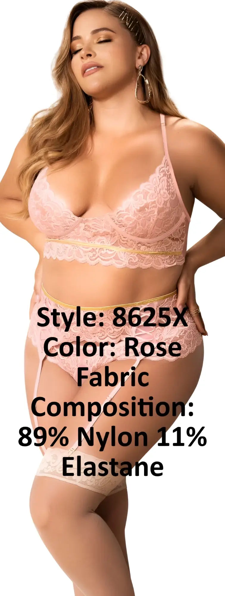 Rose-colored lace lingerie three piece set by Mapale with delicate floral patterns and soft stretchy fabric blend