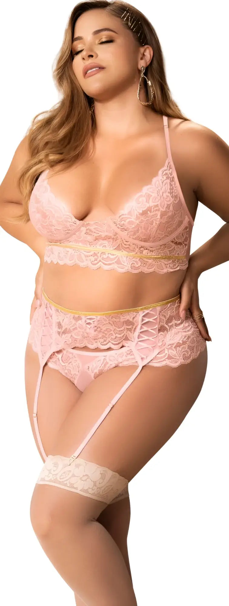 Pink lace lingerie set with gold trim in rose color from mapale 8625x three piece set collection