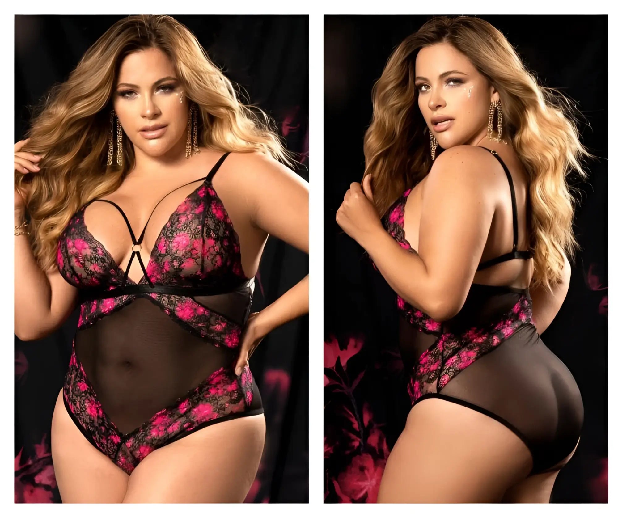 Black and pink floral lace bodysuit with sheer mesh panels by Mapale 8644X teddy in black print front view