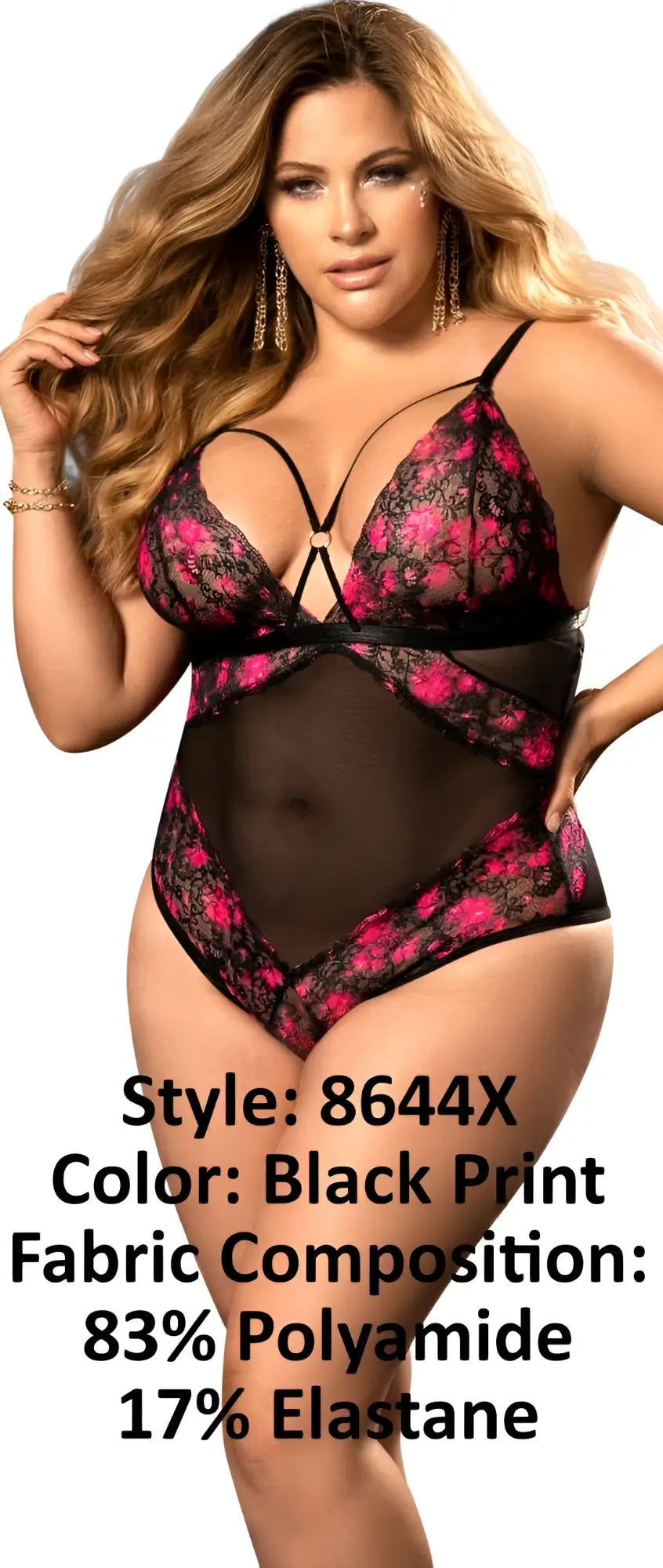 Mapale 8644x teddy black print black and pink floral lace bodysuit with sheer mesh panels front view