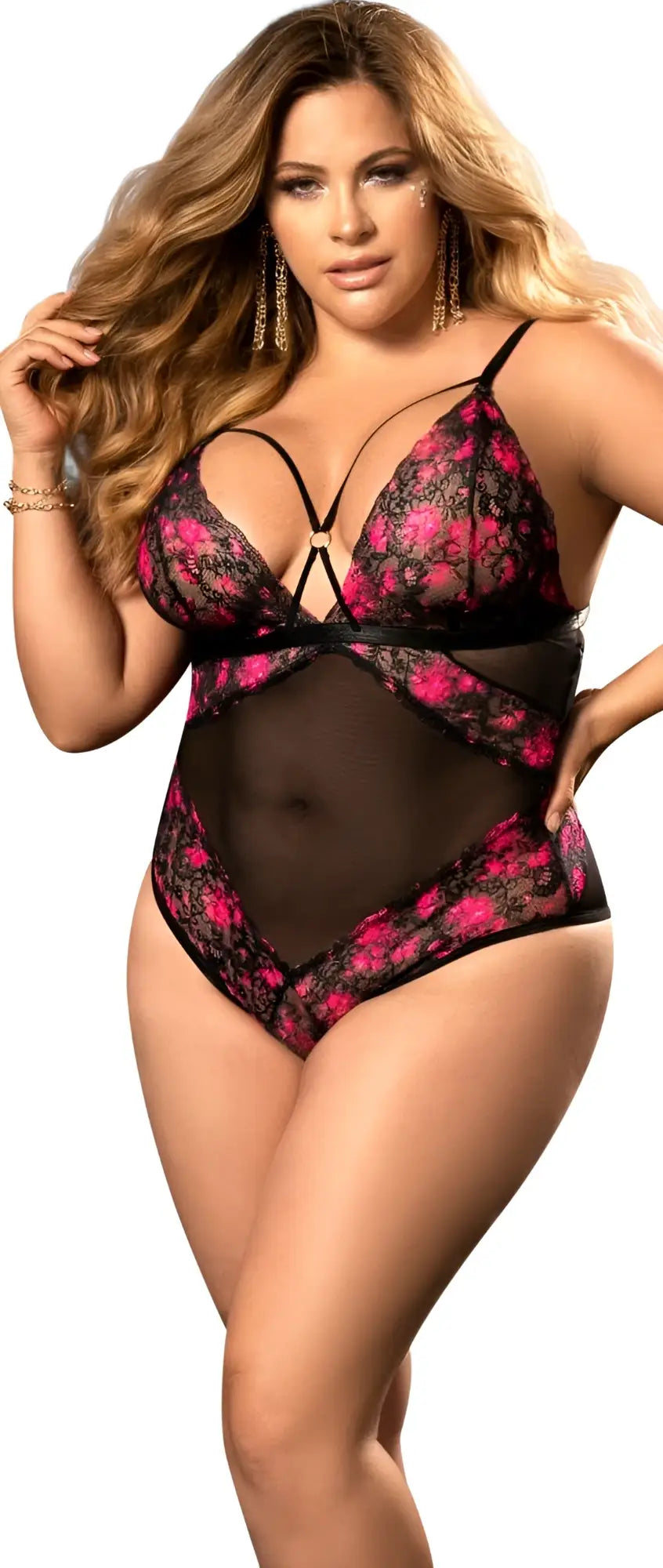 Black and pink floral lace teddy bodysuit with sheer mesh panels by Mapale 8644X in black print