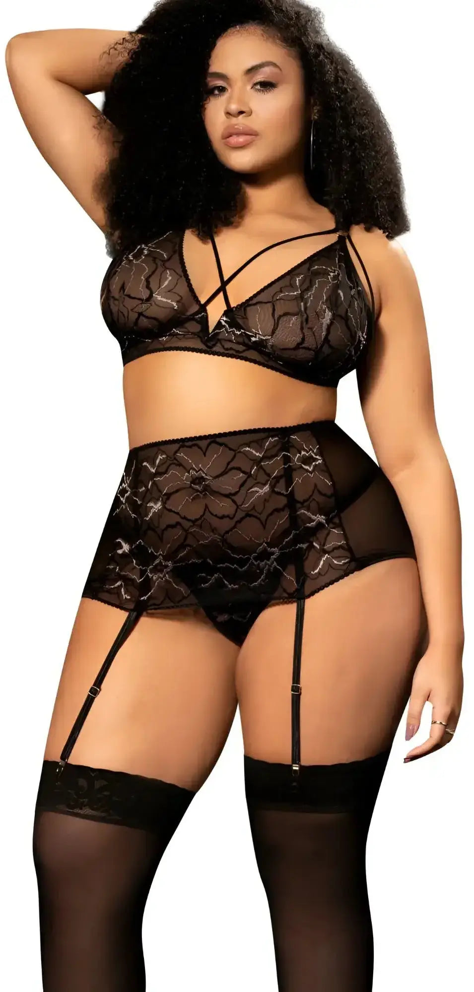 Black lace lingerie set mapale 8649X with intricate floral patterns and sheer mesh detailing in black color