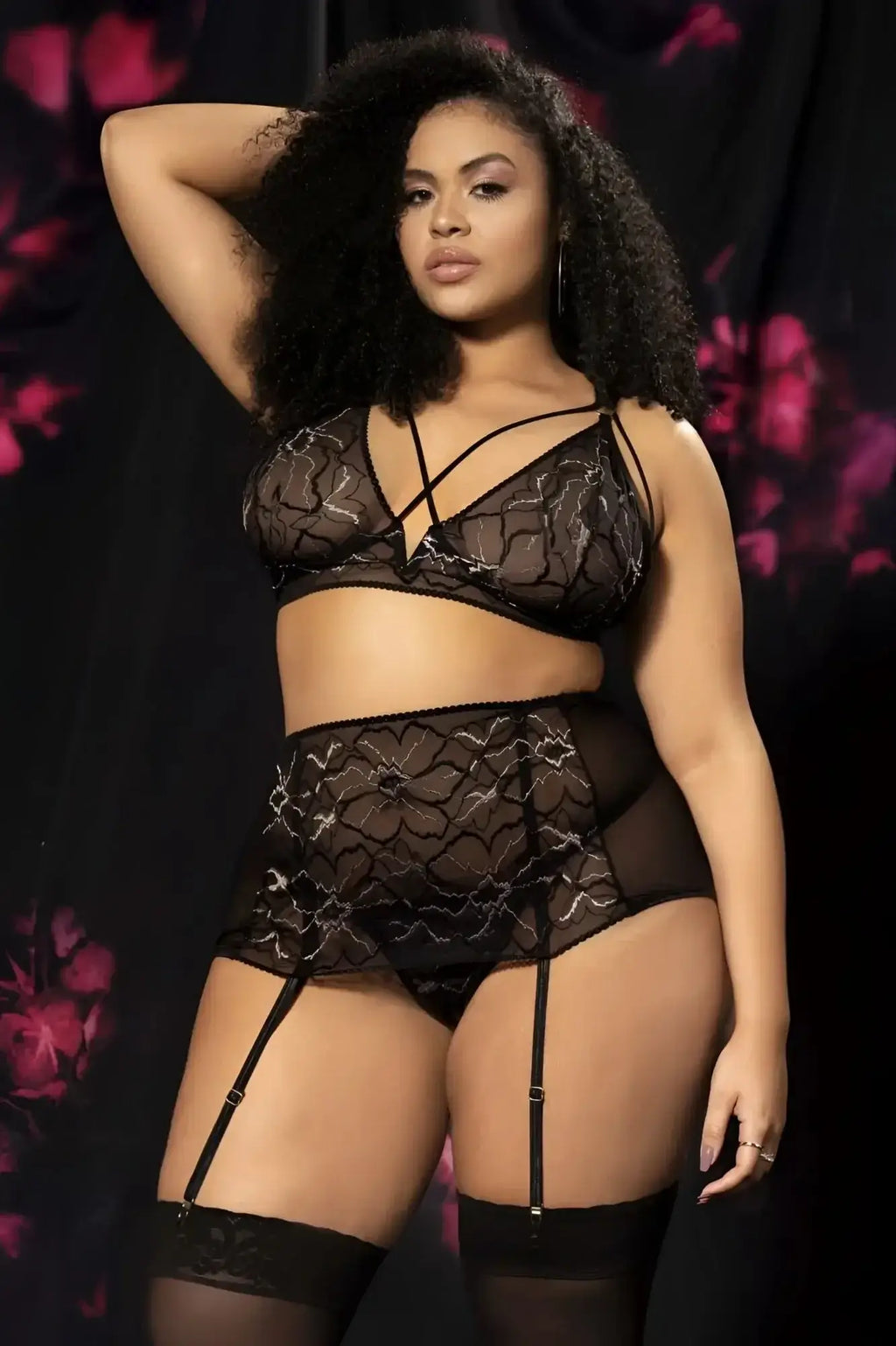 Black lace lingerie three piece set by Mapale 8649X with intricate floral patterns and sheer mesh detailing in black