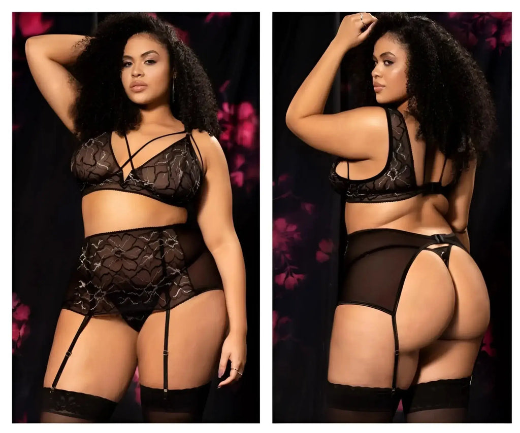 Black lace lingerie set with intricate patterns and sheer mesh panels from mapale 8649x three piece set in black
