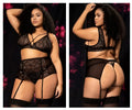 Black lace lingerie set with intricate patterns and sheer mesh panels from mapale 8649x three piece set in black