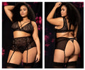 Black lace lingerie set with intricate patterns and sheer mesh panels from mapale 8649x three piece set in black