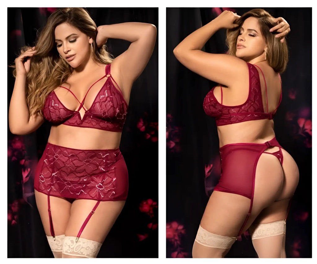 Mapale 8649X burgundy lace lingerie three piece set with matching garter belt and stockings shown from the back